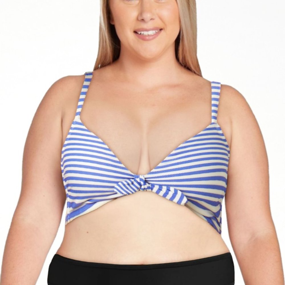 Textured Stripe Women's Plus Tie Front Bralette Swim Top Blue and White Stripe